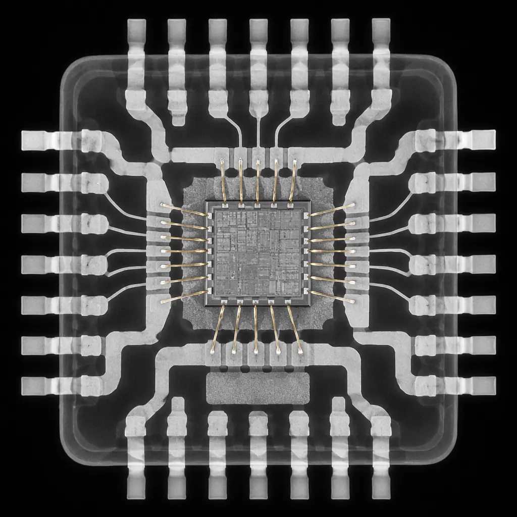 X-ray image of electronic component showing internal lead frame structure, gold wire bonds connecting die to package pins, and die attach area, authentic vs counterfeit comparison