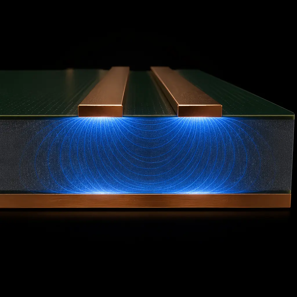 Photorealistic 3D cross-section render of two adjacent PCB microstrip traces showing electric field lines coupling between them, with ground plane below