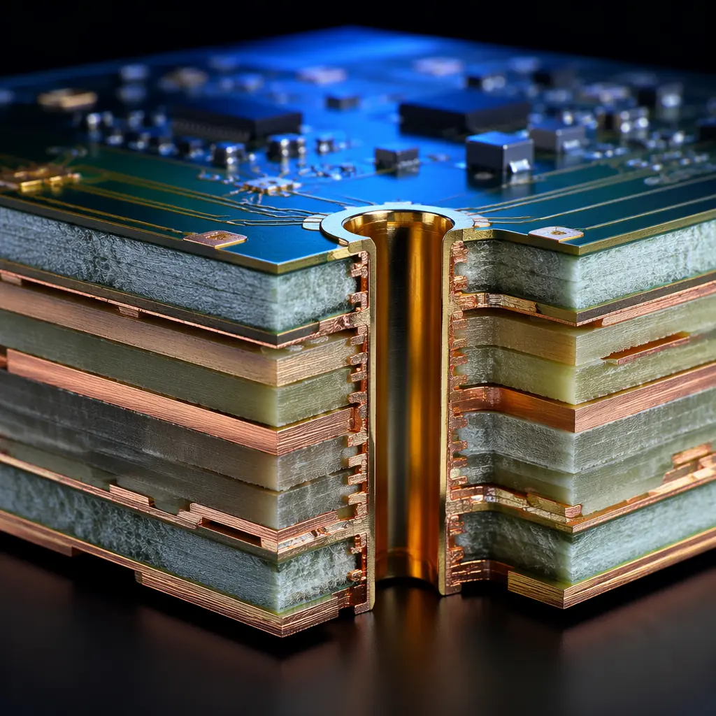 Photorealistic 3D cross-section render of a multi-layer PCB showing copper traces, dielectric layers, and plated through-holes with gold surface finish