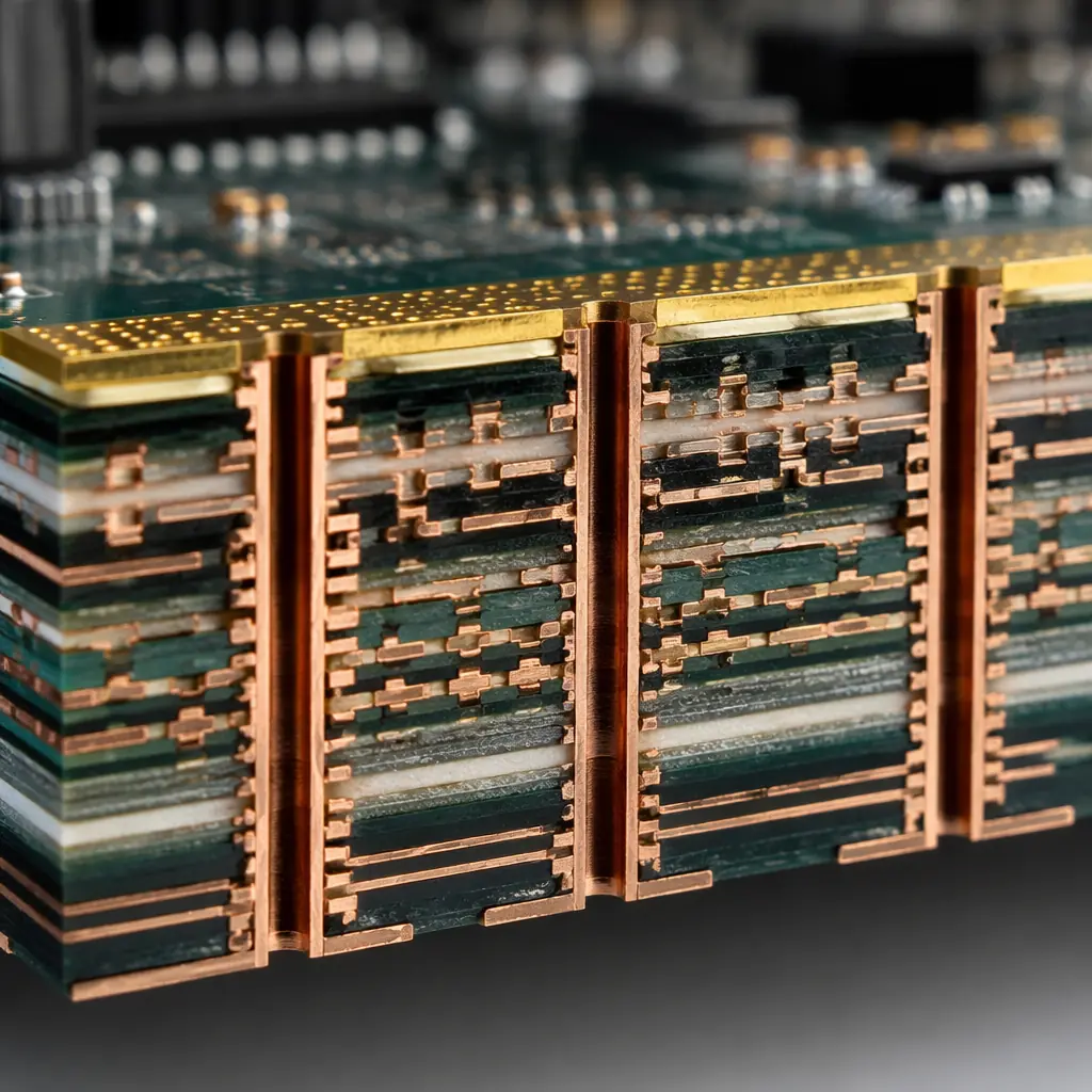 High-layer-count data center server PCB motherboard with dense BGA processors and memory slots, photorealistic macro detail