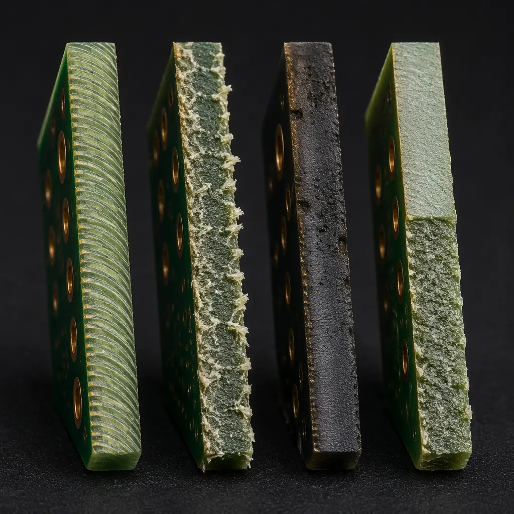 Close-up macro shot of four PCB edges side by side showing the distinct surface finishes of router-cut, V-scored, laser-cut, and punched PCB edges, with visible fiberglass texture differences under studio lighting