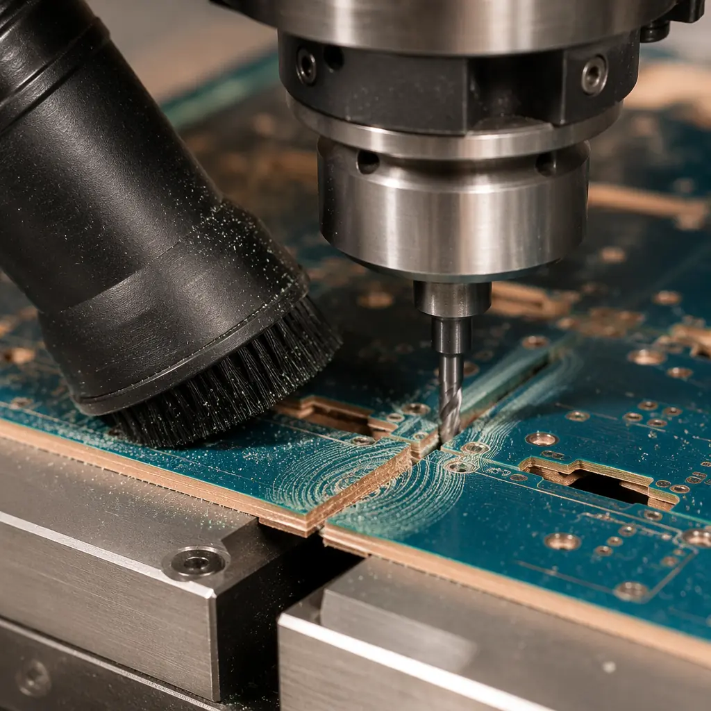 Close-up detail photograph of a PCB router depaneling machine spindle cutting through FR-4 panel tabs, with visible dust extraction nozzle and the characteristic spiral tool path on the board edge