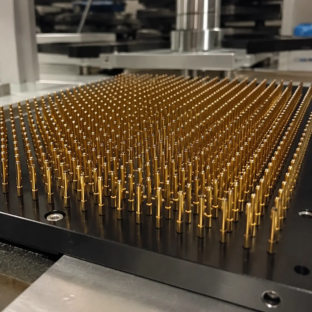 ICT test fixture with an array of gold spring-loaded pogo pins aligned to a PCB, precision mechanical assembly on factory workbench under bright industrial lighting