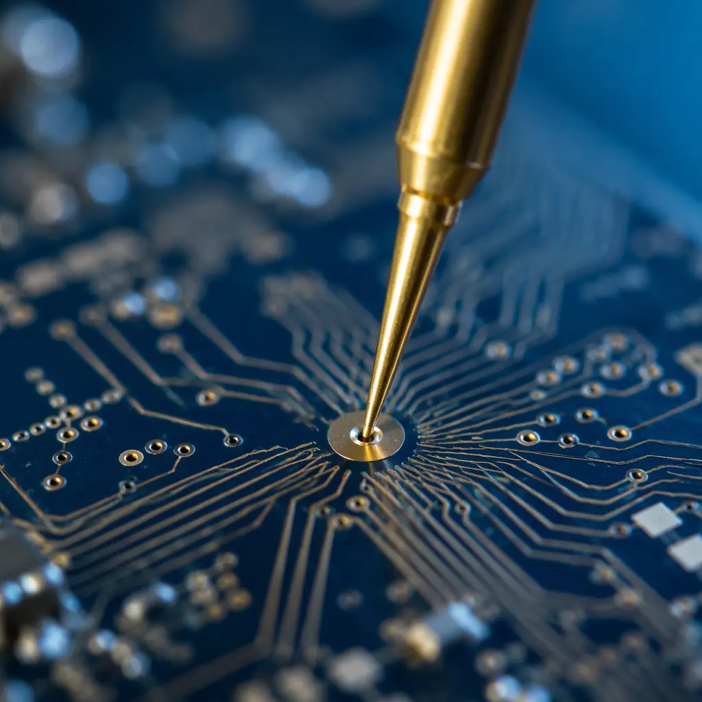 Close-up of PCB test probe landing on a gold-plated test pad, precision spring-loaded pogo pin in sharp focus against green solder mask