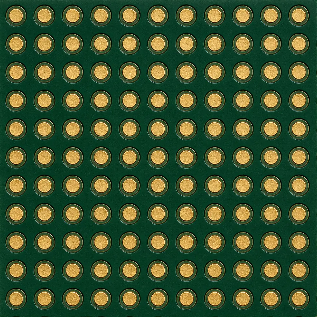 Macro photograph of a PCB bottom side showing an array of gold-plated circular test pads with surrounding probe clearance zones, precision manufacturing detail