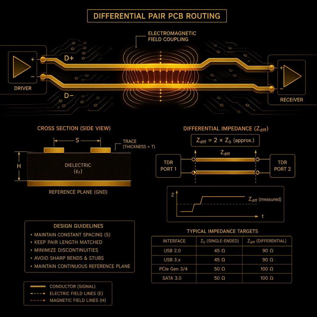 Differential pair PCB routing with field coupling visualization