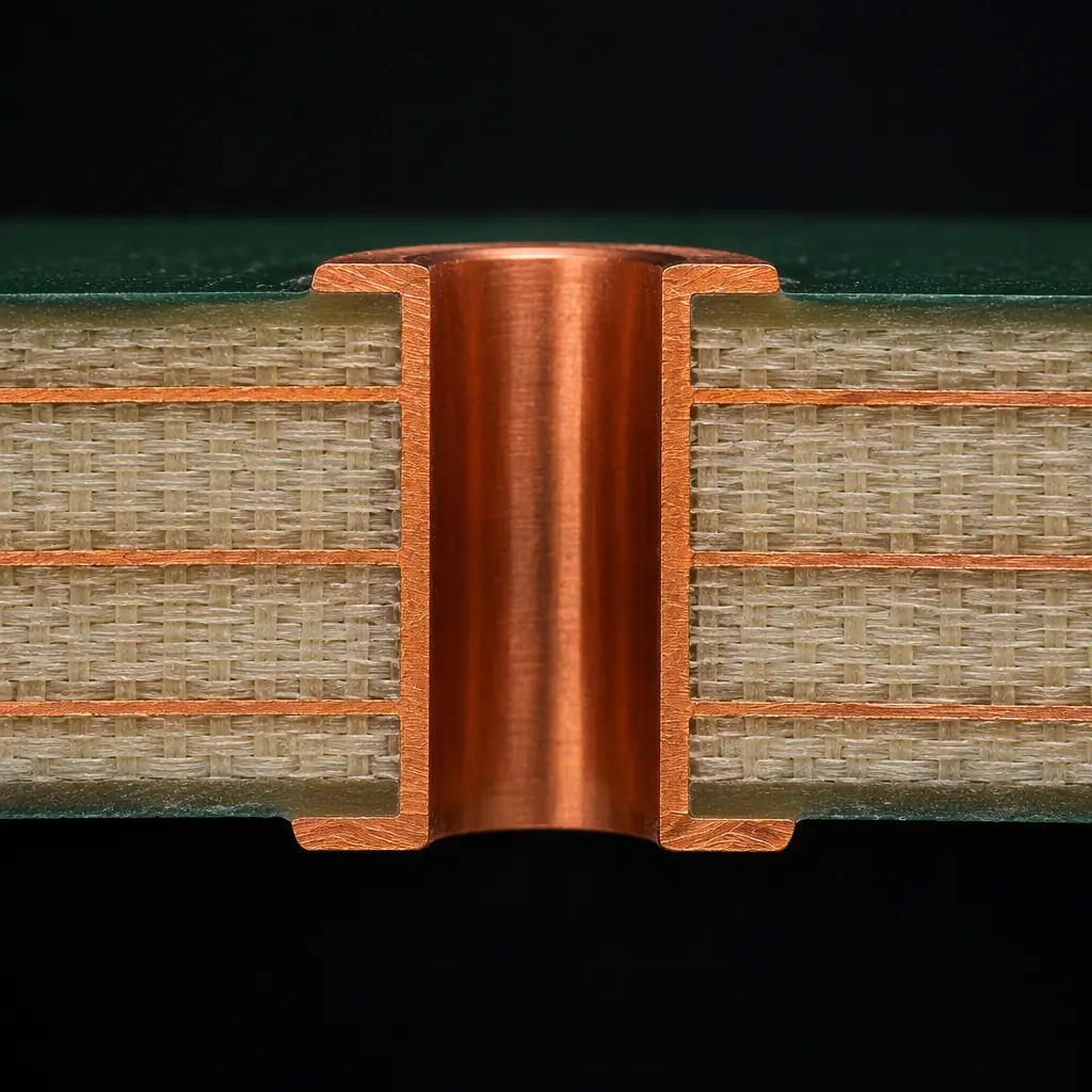 Photorealistic 3D cross-section render of a PCB plated through-hole showing copper thickness measurement with a callout line indicating 25µm minimum requirement