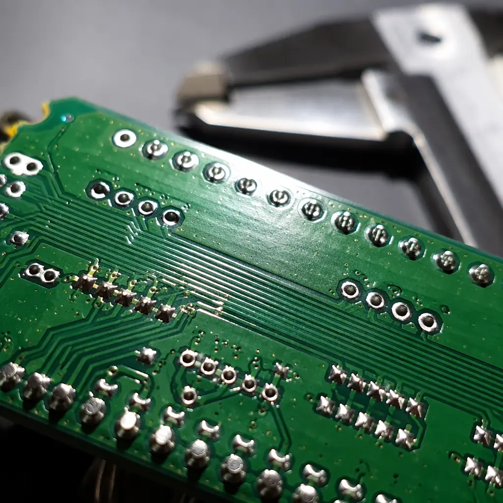 Macro photograph of a PCB inspection setup with a microscope examining solder joint quality on a green circuit board under bright lighting