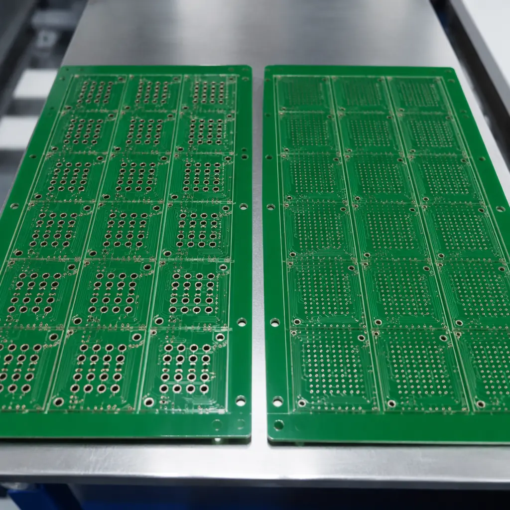 Side-by-side comparison of PCB panels with mechanical drill holes and laser microvias