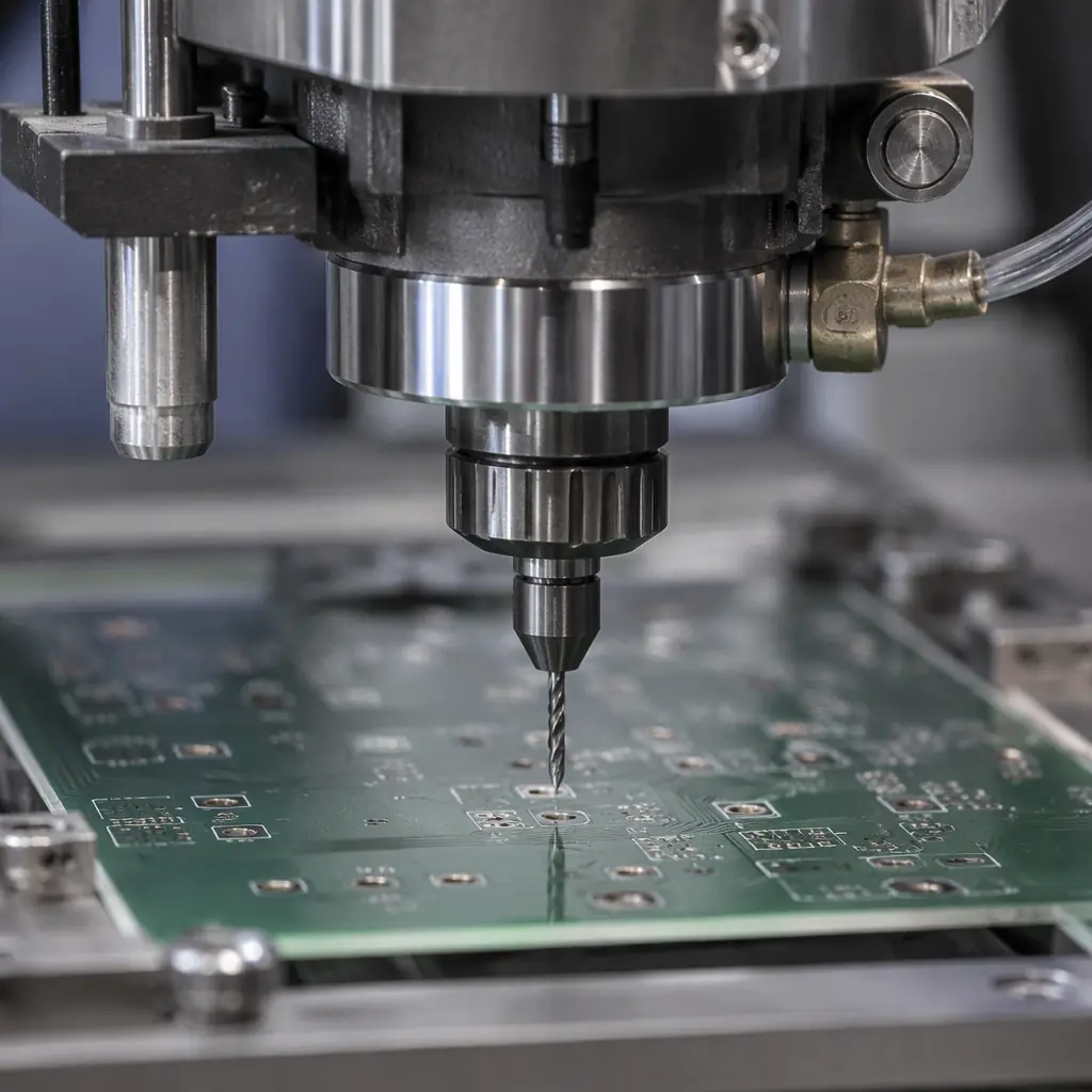 Close-up of PCB laser drilling machine head with focused beam on copper surface