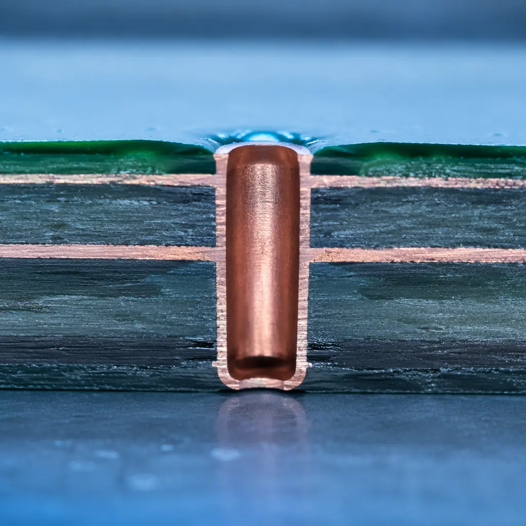 Cross-section of laser-drilled microvia with clean sidewalls under electron microscope
