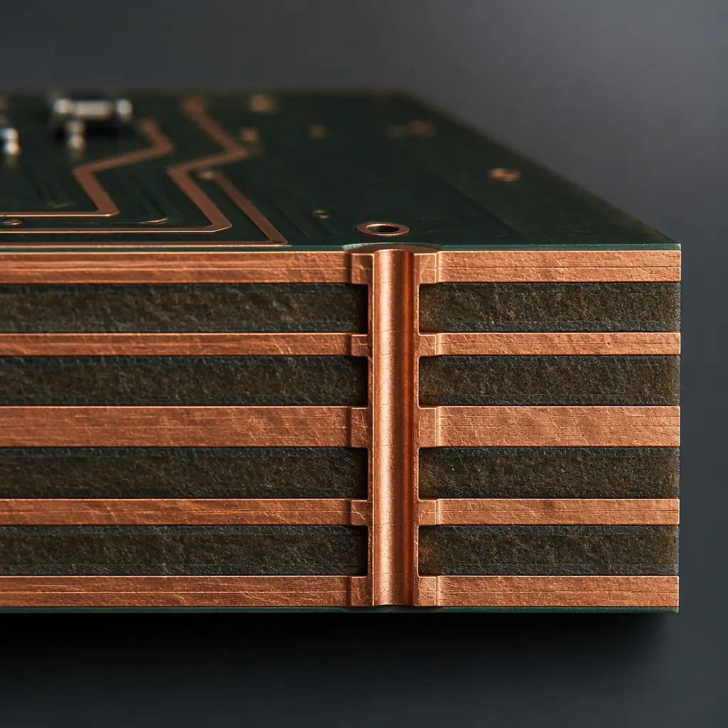 Cross-section render of 6-layer HDI PCB stackup with thin-core laminate for drone weight optimization