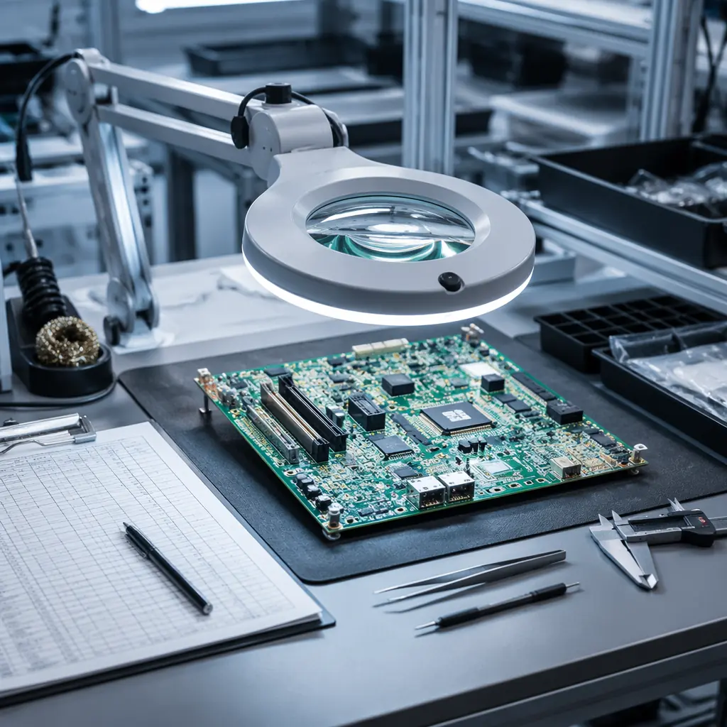 Quality engineer conducting PCB supplier on-site audit inspecting SMT production line with checklist