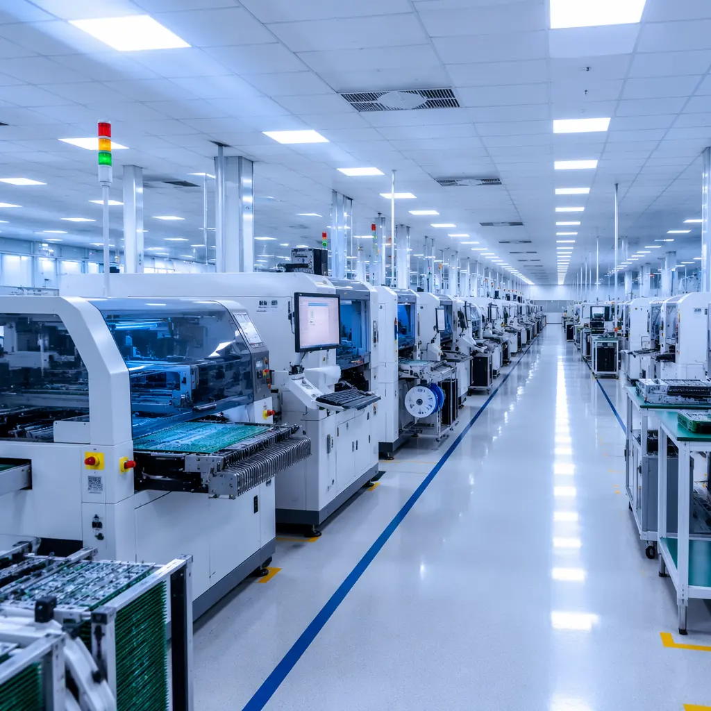 Two parallel SMT assembly lines in modern PCB factory with pick-and-place machines operating simultaneously