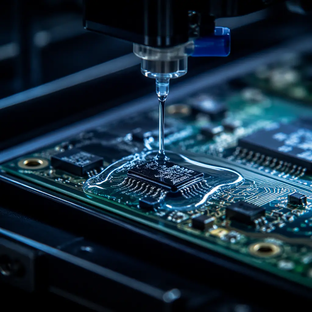 Macro photograph of a PCB undergoing conformal coating application — clear acrylic coating being selectively applied to protect against moisture