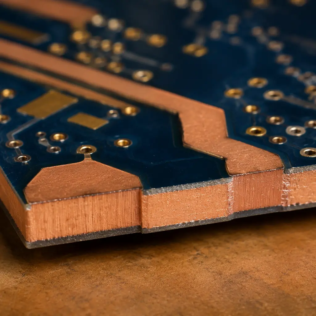Close-up of a high-current PCB motor controller with MOSFETs and heavy copper traces on a dark bench