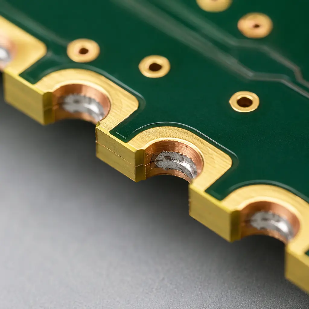 Extreme close-up macro photograph of castellated holes along a PCB edge showing copper half-cylinders with solder fillets after reflow assembly