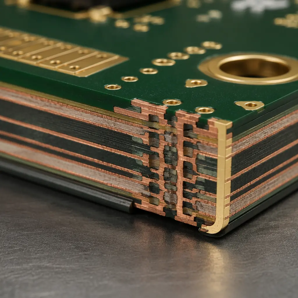 Photorealistic macro rendering of a PCB cross-section at the edge showing multiple copper layers wrapping around the board sidewall profile with ENIG gold finish