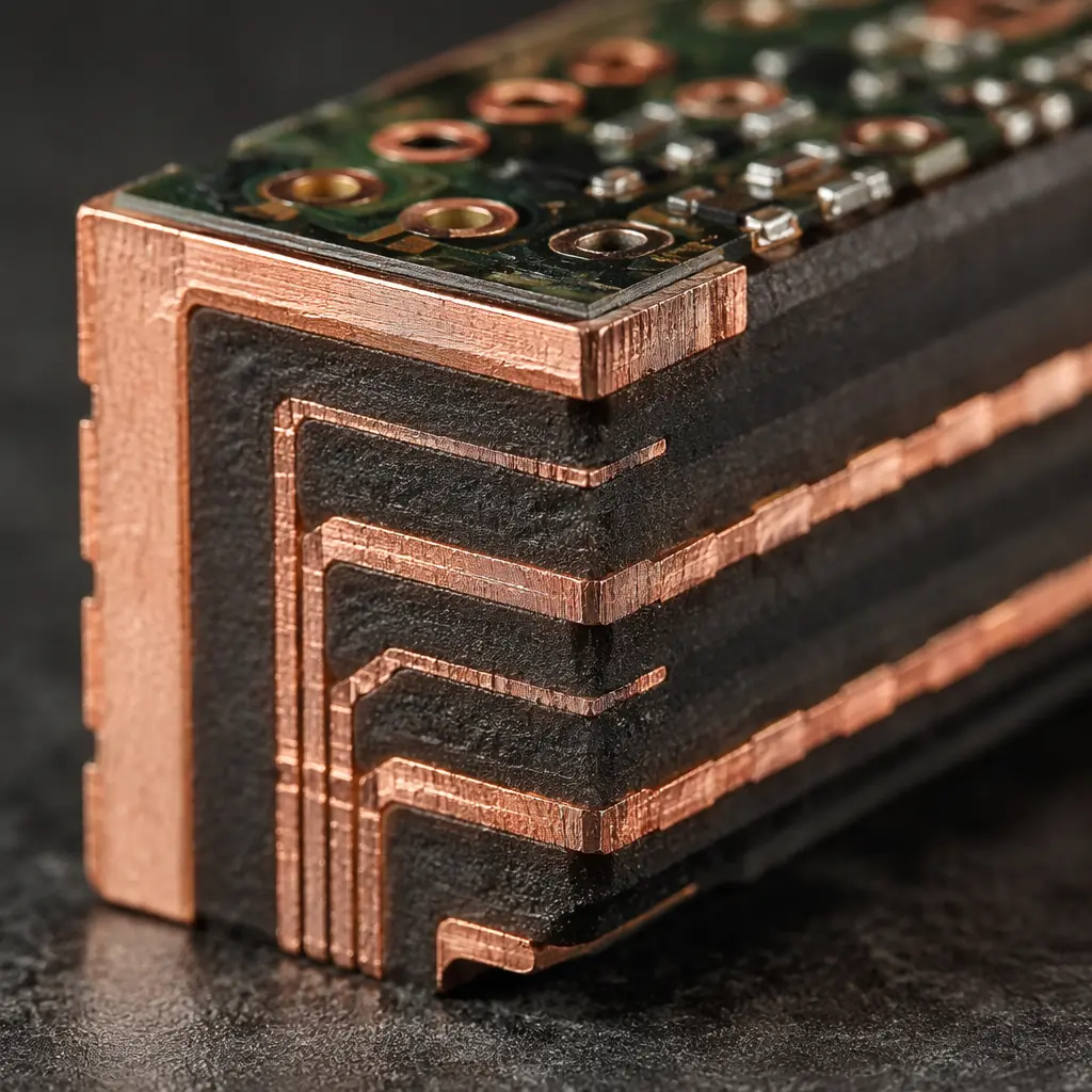 Macro close-up of a PCB edge showing continuous copper sidewall plating with smooth metallic finish on a dark substrate board
