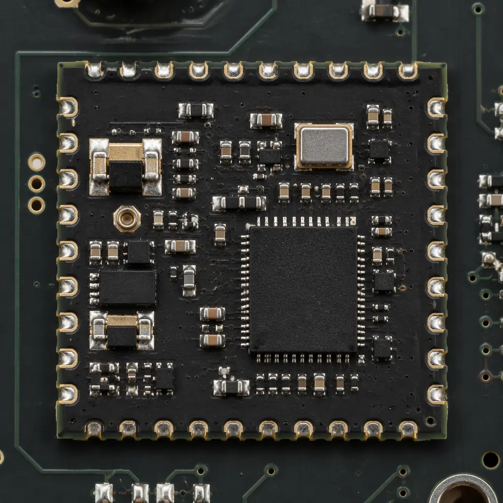 An IoT wireless module PCB with castellated edges mounted on a dark green carrier board, showing clean SMT solder joints along the half-hole perimeter, studio lighting
