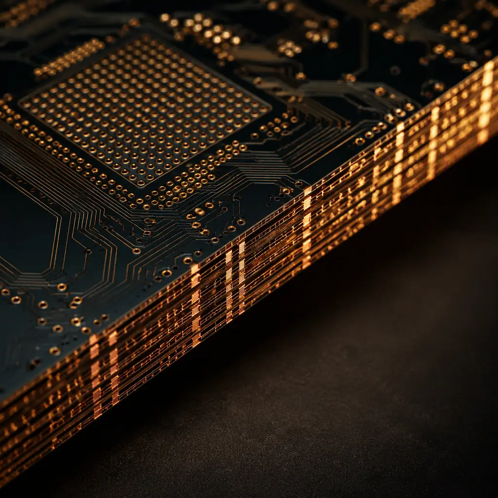 Cross-section of multilayer PCB showing embedded passive component layers