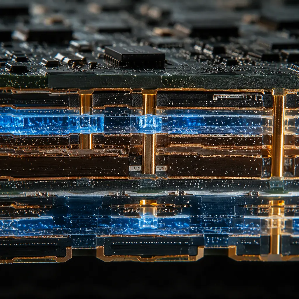 Microscopic cross-section showing planar capacitance layer between copper planes
