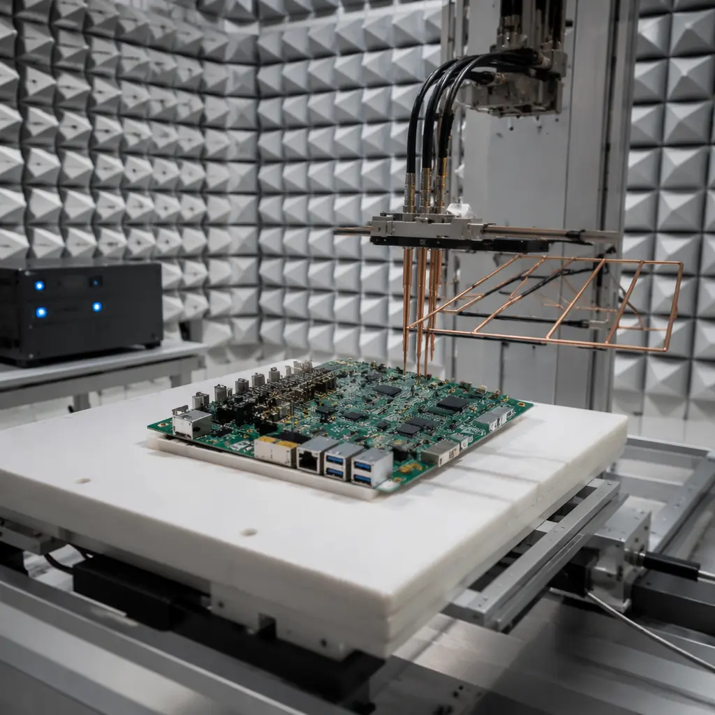 Professional PCB testing chamber with a circuit board undergoing electromagnetic compatibility scanning, blue LED indicators and copper-colored test probes visible