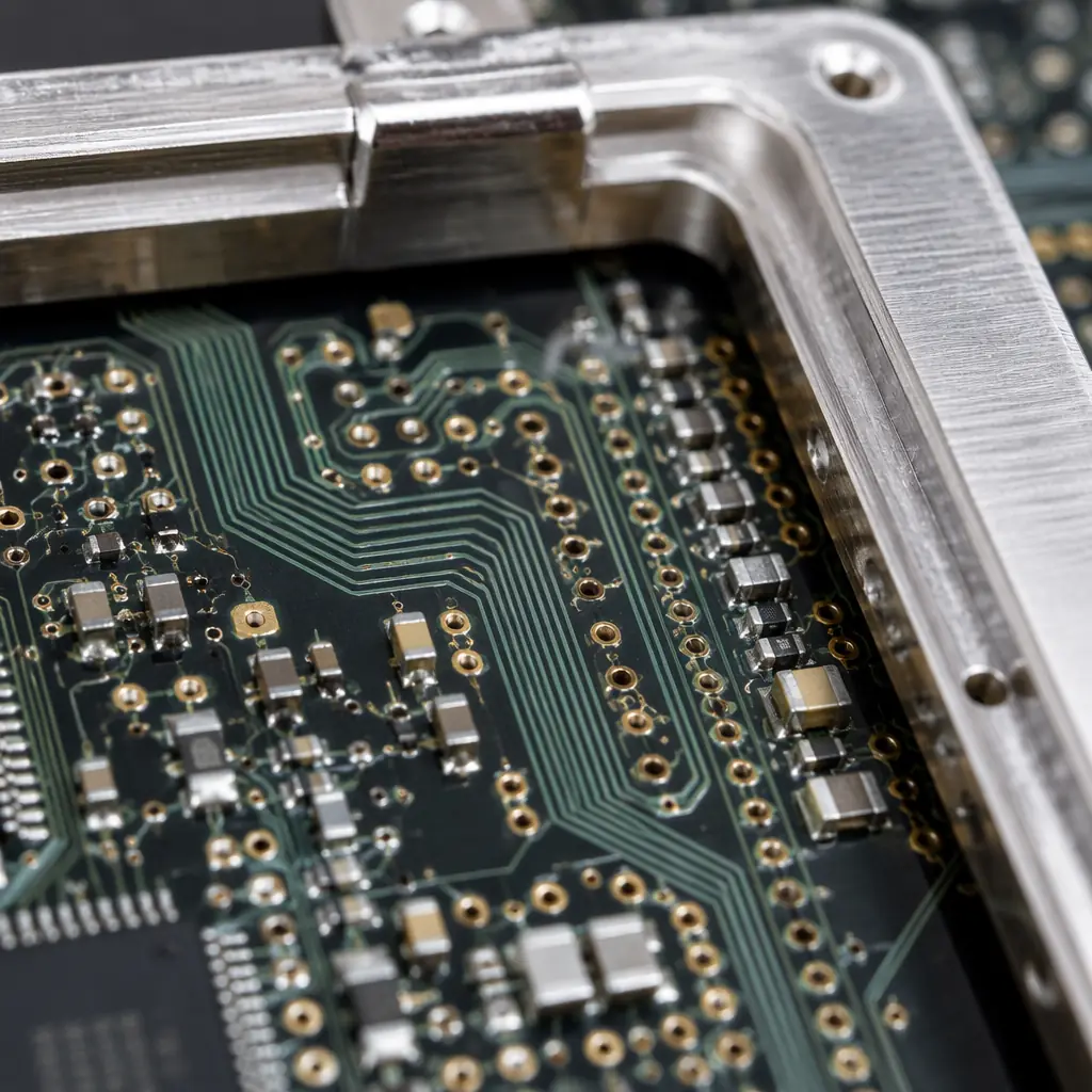 High-density PCB edge with differential pair routing, guard traces, and metal shielding enclosure frame showing trace spacing and ground stitching vias