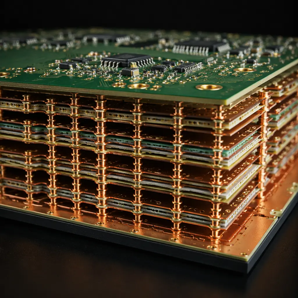 3D cross-section render of a multi-layer PCB showing internal ground plane layers with via stitching pattern for EMI shielding and copper pour