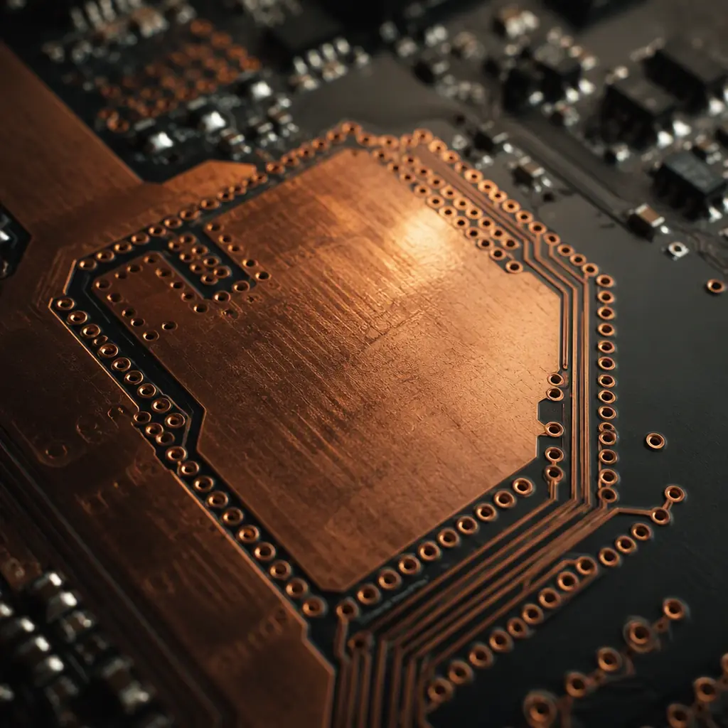 Macro detail of PCB edge showing via fence stitching ground planes at board perimeter with dense via pattern and copper pour connecting all ground references