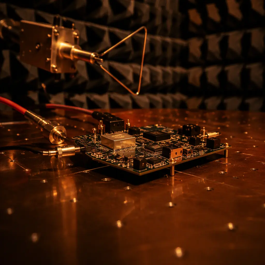 Multi-layer PCB with shield cans, ferrite beads on power input, and dense ground stitching vias around board perimeter — professional EMC design