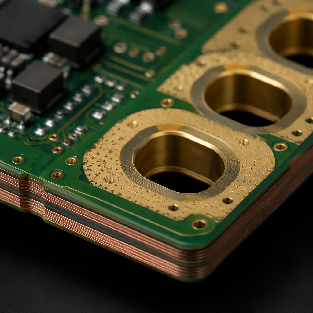 Heavy copper PCB with press-fit busbar connectors for high-current energy storage DC interface, showing 6oz copper layers and ENEPIG surface finish under macro lighting