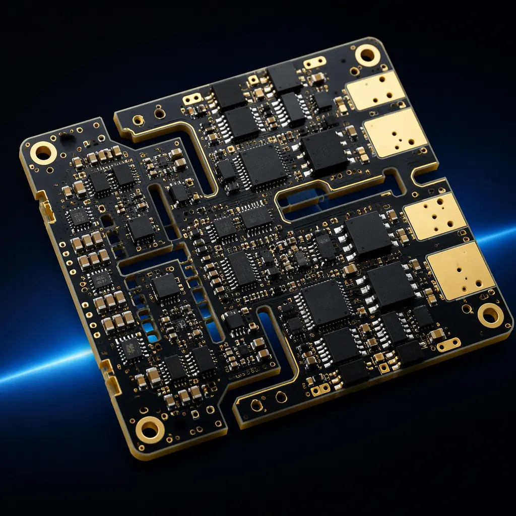 Energy storage system battery management PCB with lithium cell monitoring ICs, isolation barriers, and heavy copper DC bus connections, macro detail with gold ENIG finish