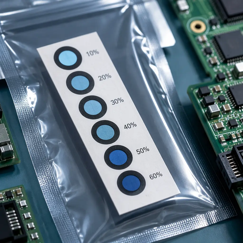 Close-up of humidity indicator card showing blue and pink color spots inside opened PCB moisture barrier bag