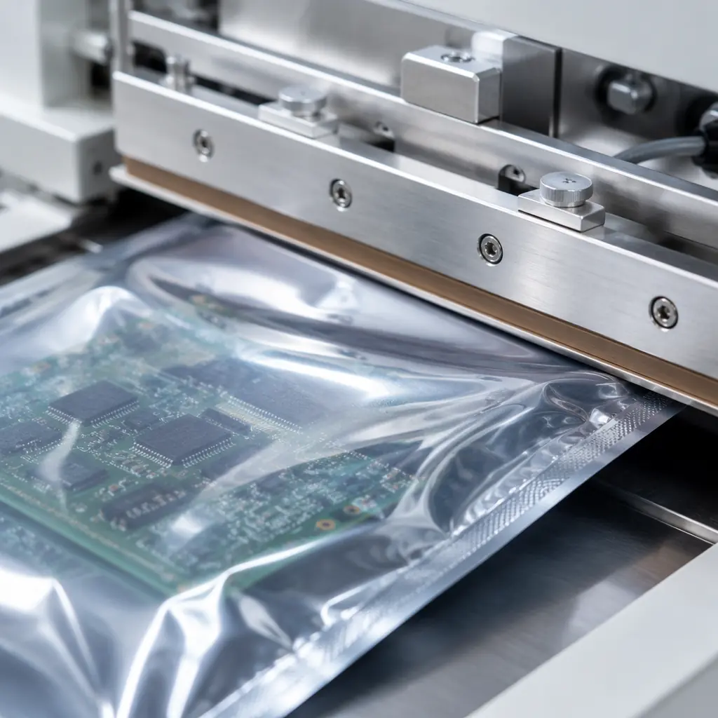 PCB vacuum sealed in moisture barrier bag with ESD shielding on factory packaging station
