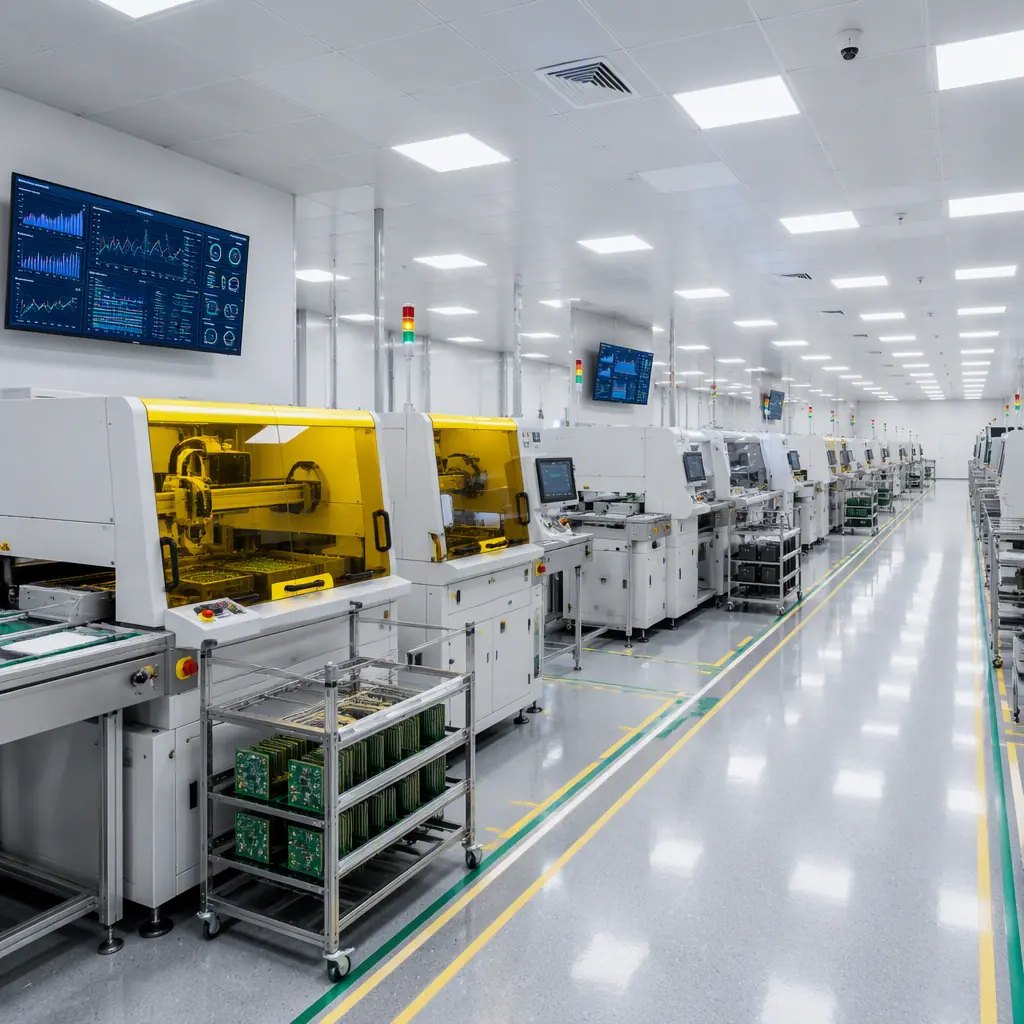 Modern PCB manufacturing facility with environmental monitoring equipment and clean production environment