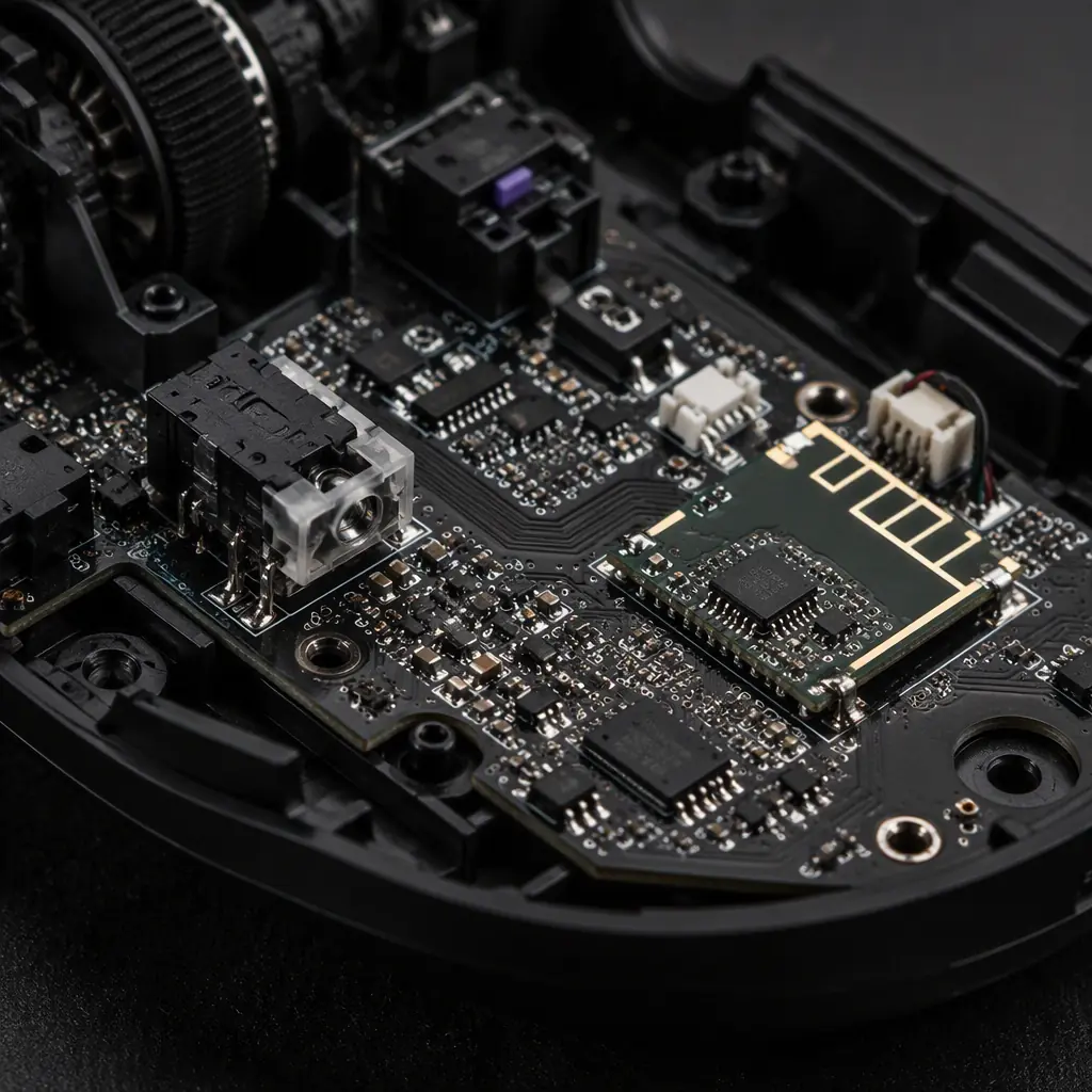 Macro photograph of a high-performance gaming mouse PCB with a precision optical sensor, 2.4 GHz antenna and low-latency radio section