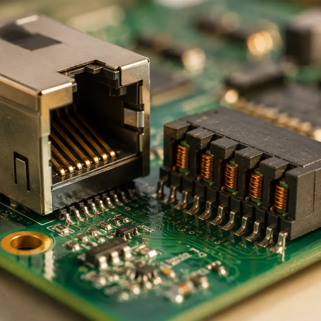 RJ45 connector pins and PoE magnetics transformer soldered to a circuit board, macro view on an engineering bench