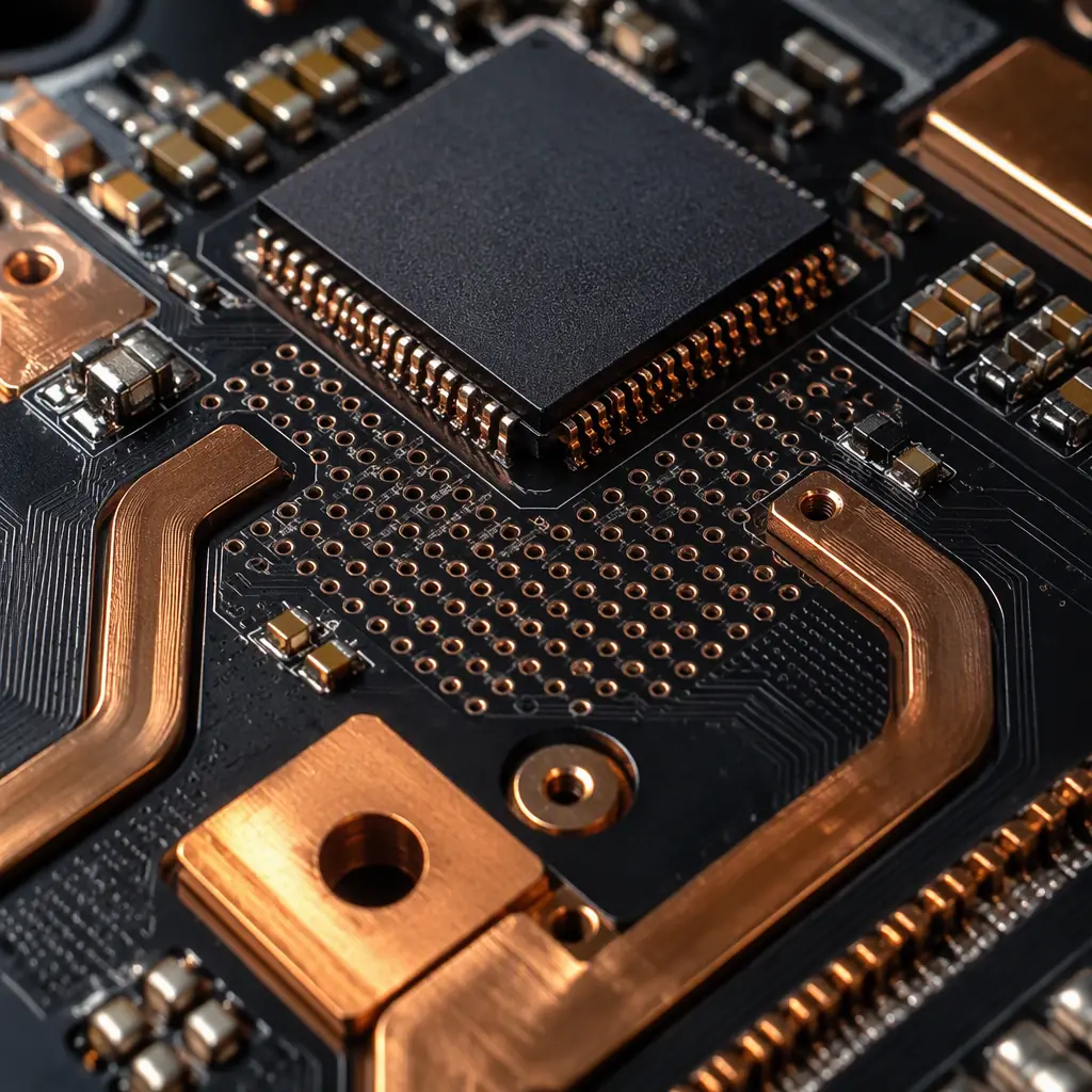 Close-up macro view of an 800V BMS PCB showing milled isolation slots, high-voltage copper pours, and precision cell monitoring connector placement