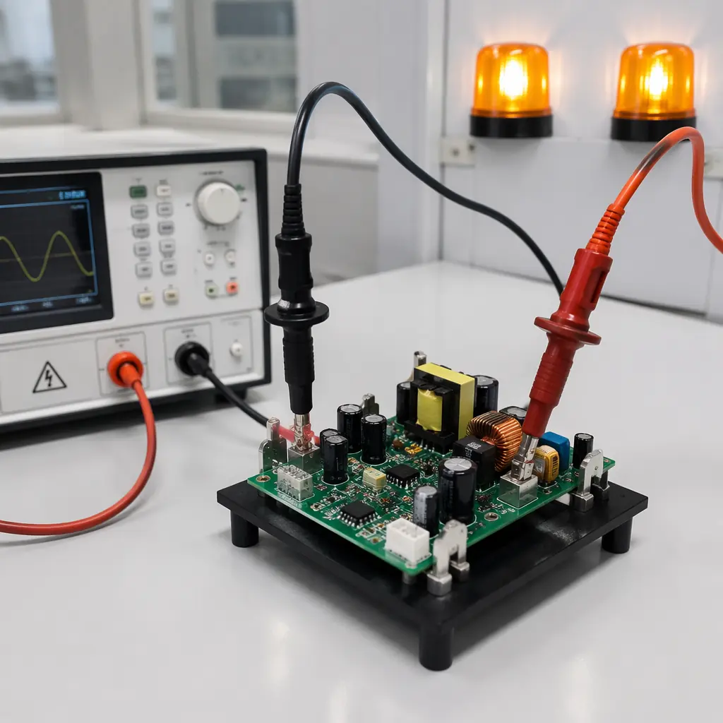 EV charger power module PCB undergoing high-voltage hipot testing in production environment