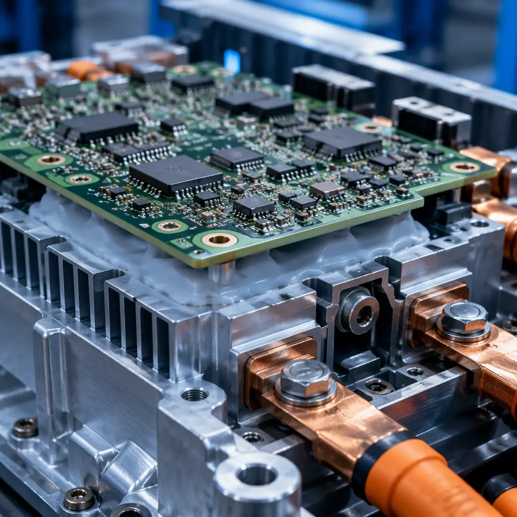 Cross-section of traction inverter PCB showing heavy copper layers, thermal via array, and high-voltage isolation slot
