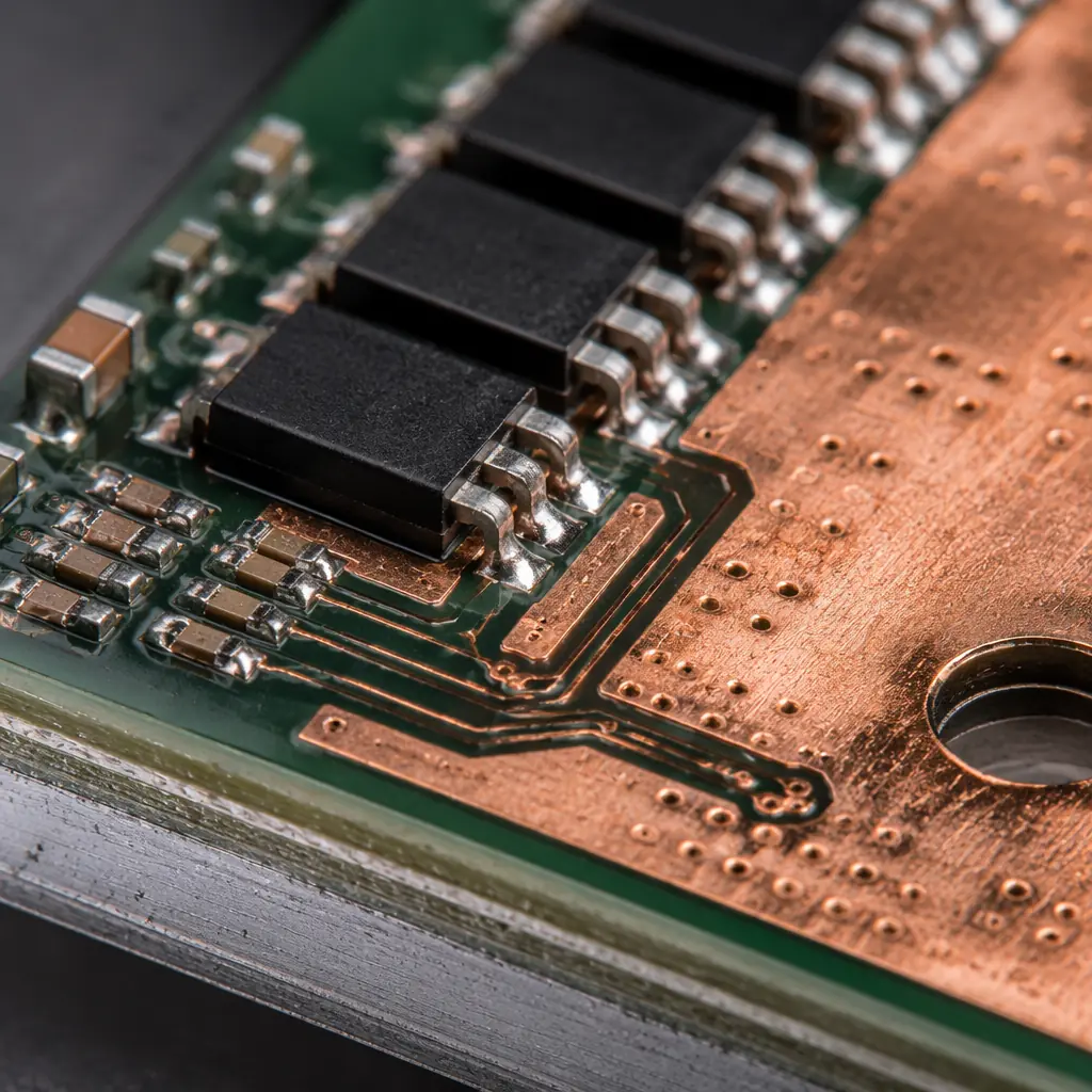 EV DC-DC converter PCB with synchronous rectification, output filtering, and thermal management features on metal-core substrate