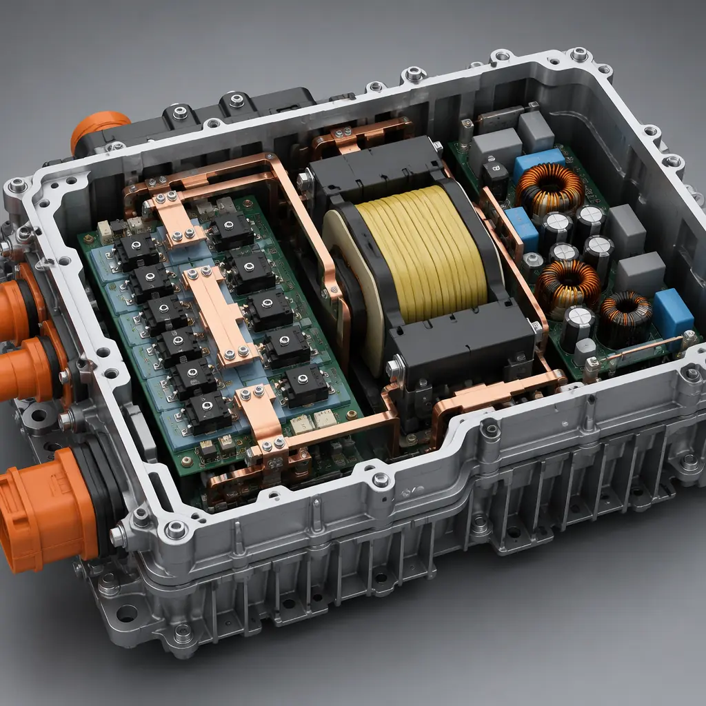 EV on-board charger PCB with SiC MOSFET power stage, planar transformer, and high-voltage isolation barriers on aluminum substrate