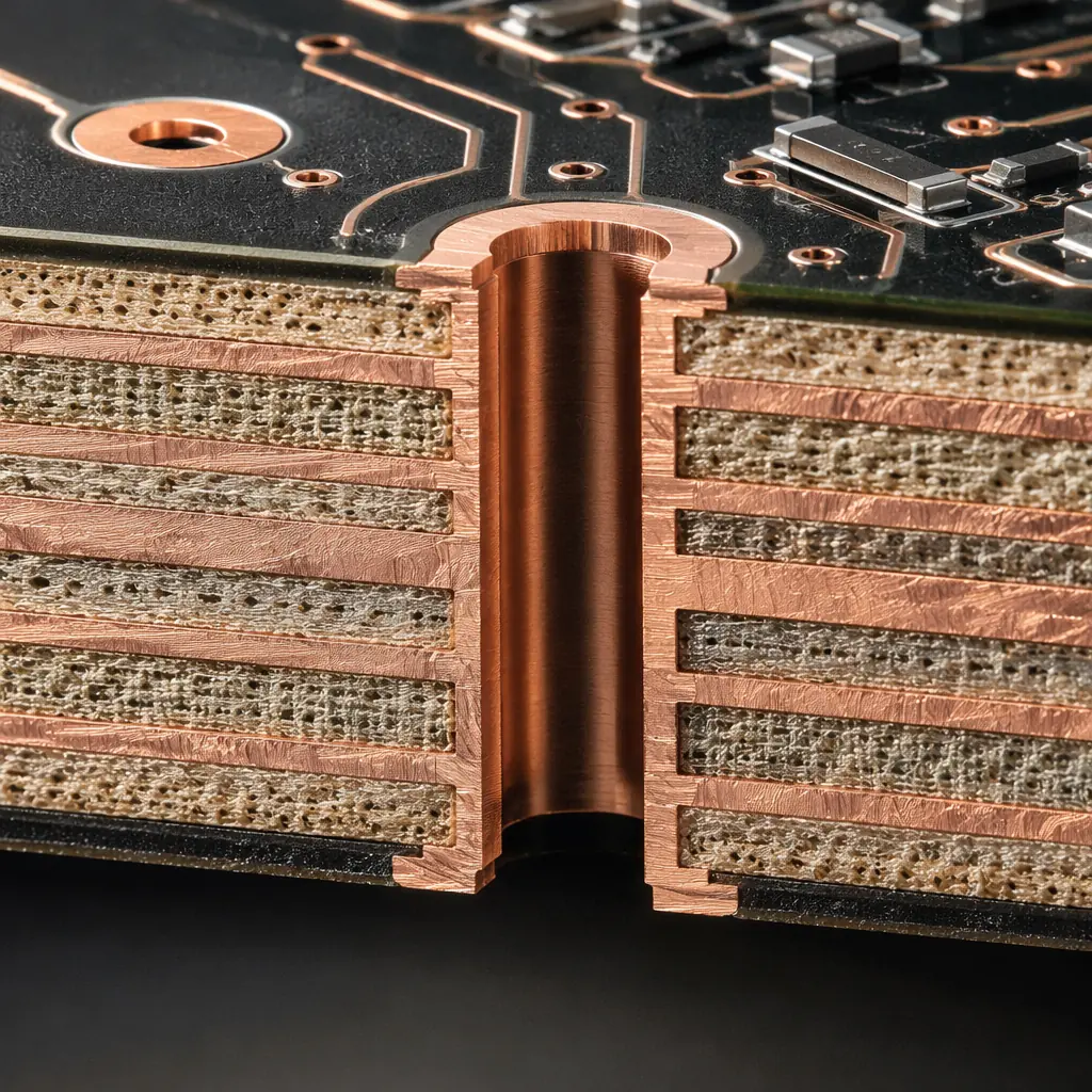 Metallographic cross-section of multilayer PCB showing copper barrel plating of plated through-hole with bright copper layers, dark epoxy fill, and glass fiber weave pattern in laminate