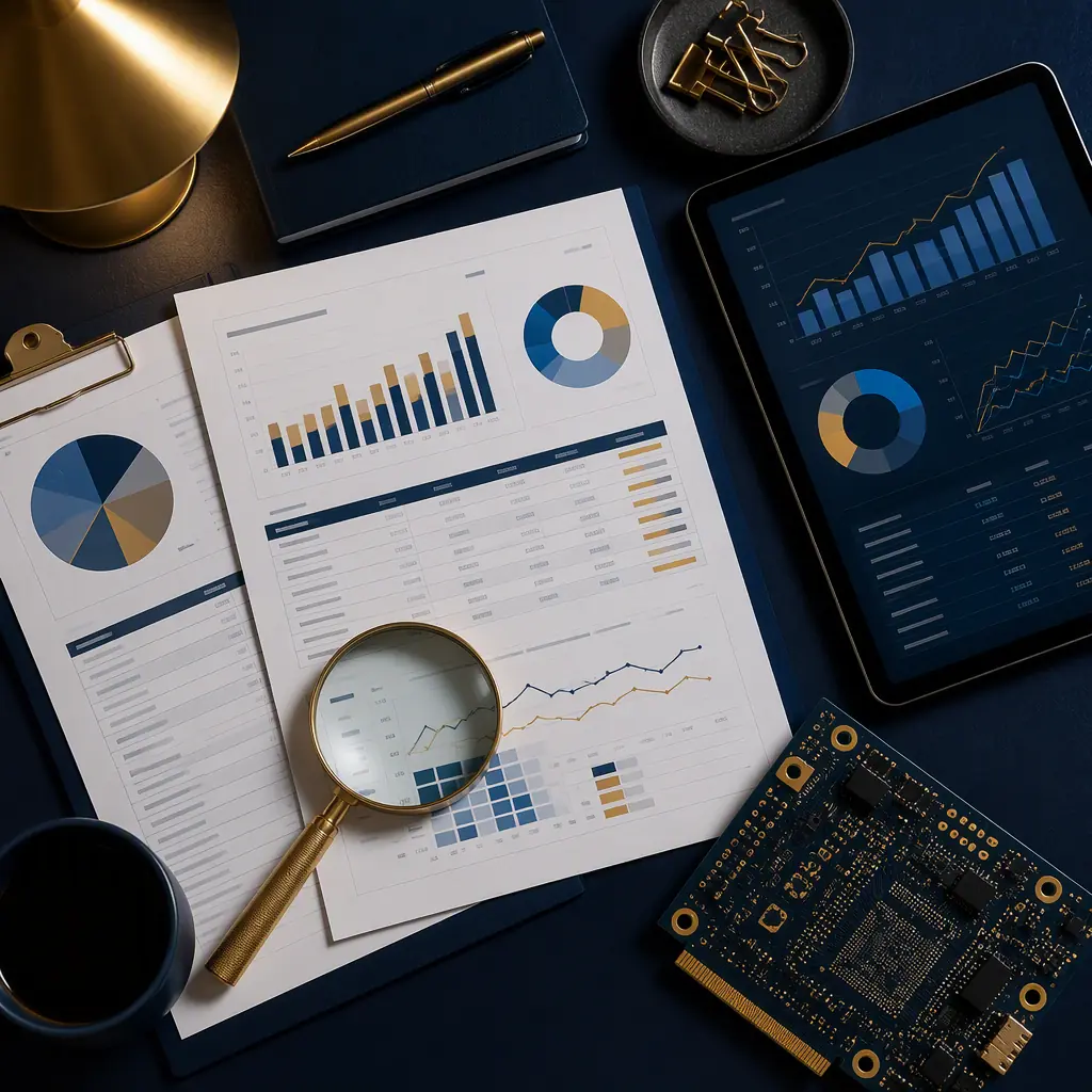 Close-up photograph of financial audit checklist documents with a calculator, corporate seal, and PCB samples on a modern office desk