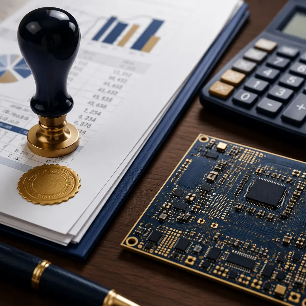 Business professional reviewing financial documents on a desk with PCB samples and a laptop showing financial data charts