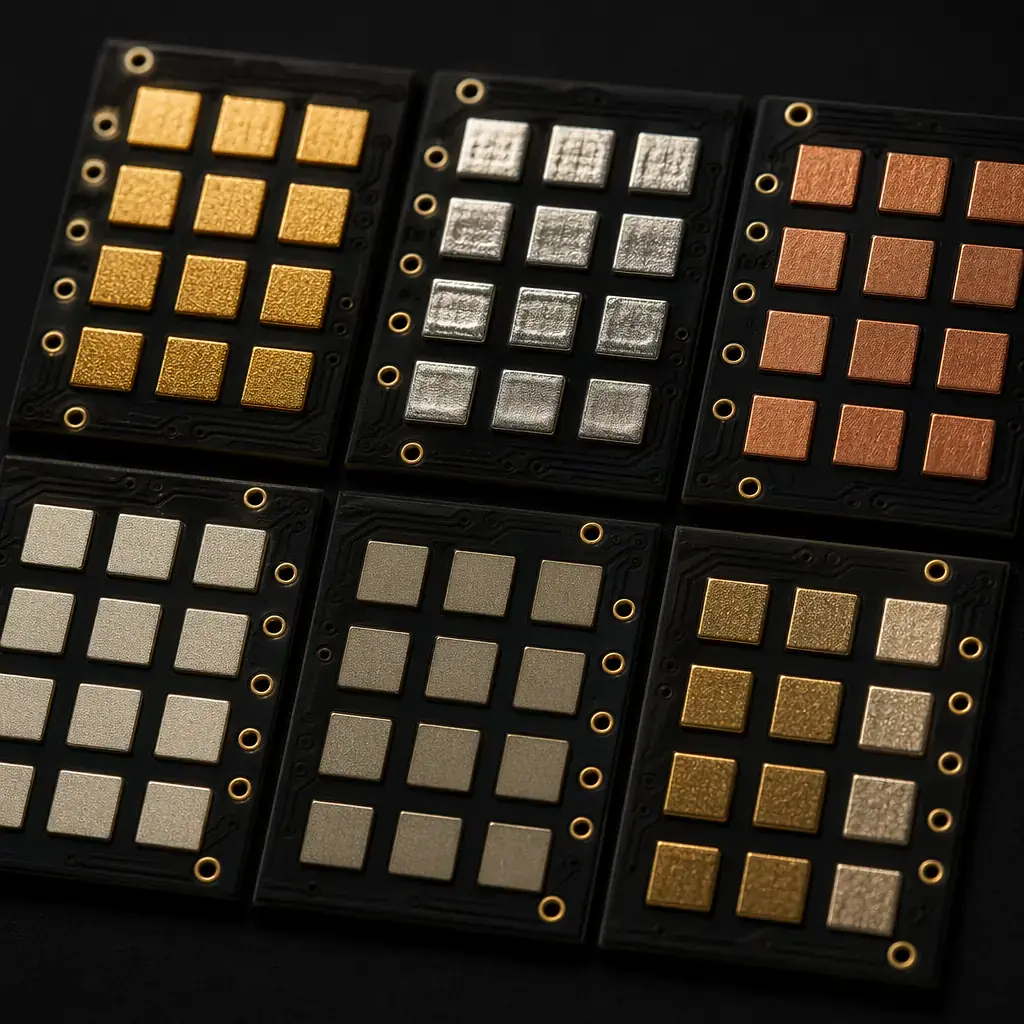 Six PCB surface finishes compared side by side