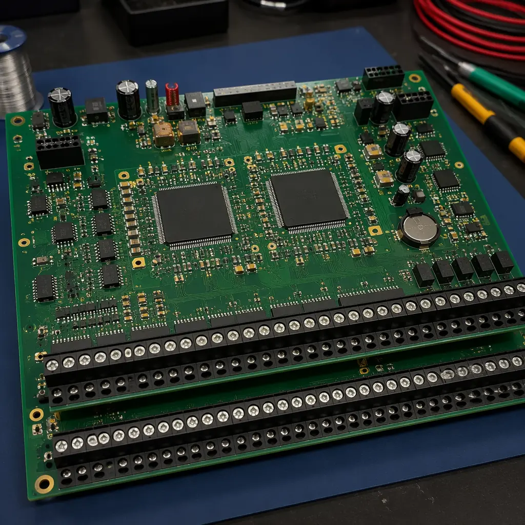 Fire alarm control panel PCB with redundant processor circuits and high-reliability through-hole connectors for life safety building systems