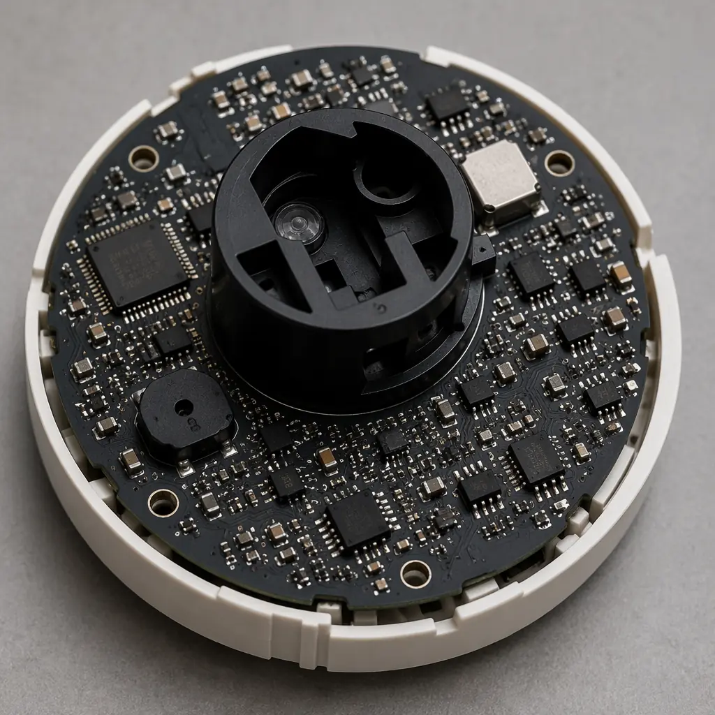 Assembled smoke detector PCB with optical chamber sensor interface and SMT components on high-temperature rated laminate material