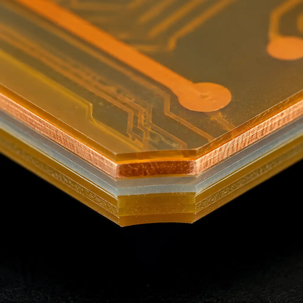 3D cross-section render of flex PCB showing polyimide base copper trace adhesive and coverlay layers